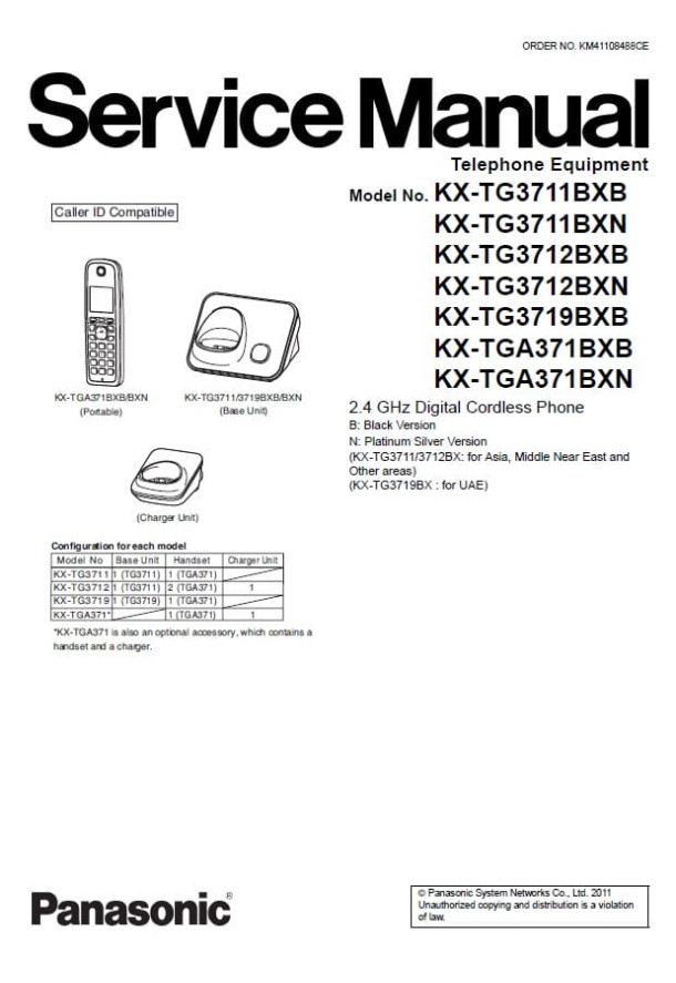 KX-TG3711BXB, KX-TG3711BXN, KX-TG3712BXB, KX-TG3712BXN